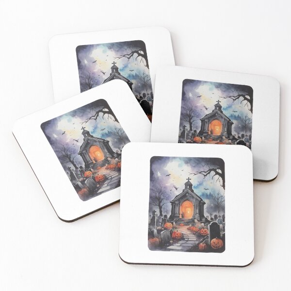 Item preview, Cemetery and chapel lit with pumpkins on Halloween night designed and sold by desinganddecor.