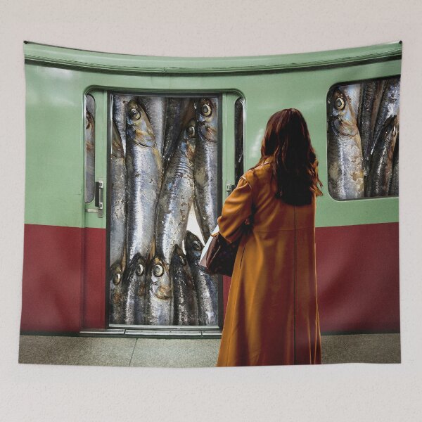 Item preview, Whimsical Art Print: Packed Morning Commute - Surreal Collage with Sardine-Filled Subway designed and sold by GollyWillikers.