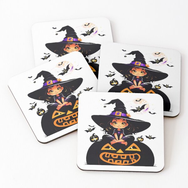 Item preview, A cute witch in a big hat is sitting on the black Halloween pumpkin  designed and sold by CoolVisionStd.