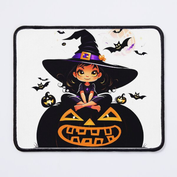 Item preview, A cute witch in a big hat is sitting on the black Halloween pumpkin designed and sold by CoolVisionStd.