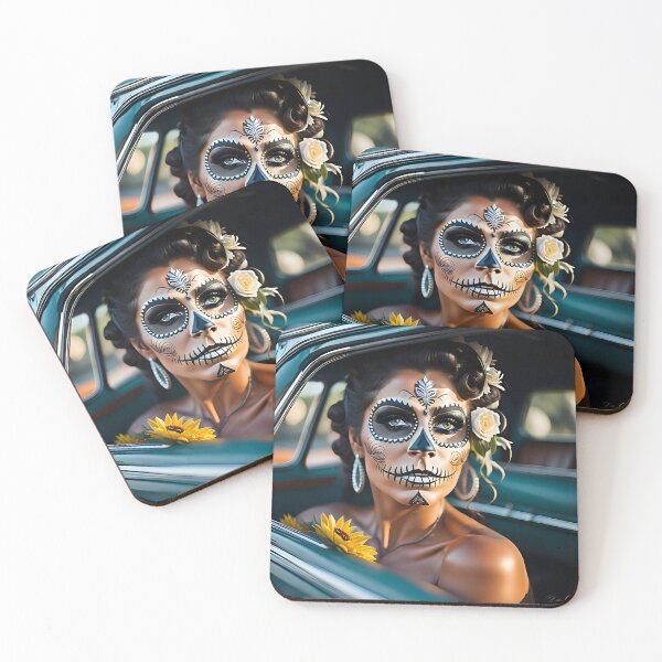 Item preview, Pinup girl I with dark day of the dead make up in the car designed and sold by aipinups.