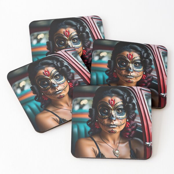 Item preview, Pinup girl II with dark day of the dead make up in the car designed and sold by aipinups.