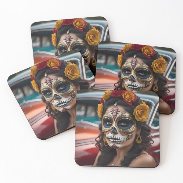 Item preview, Pinup girl with III dark day of the dead make up next to the car designed and sold by aipinups.