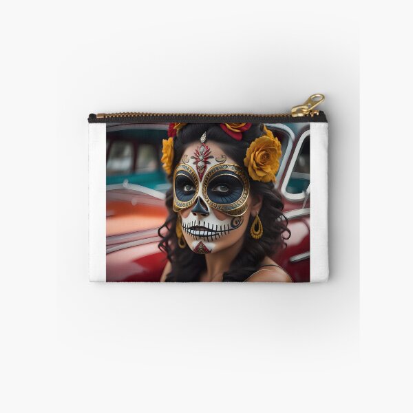 Item preview, Pinup girl with III dark day of the dead make up next to the car designed and sold by aipinups.