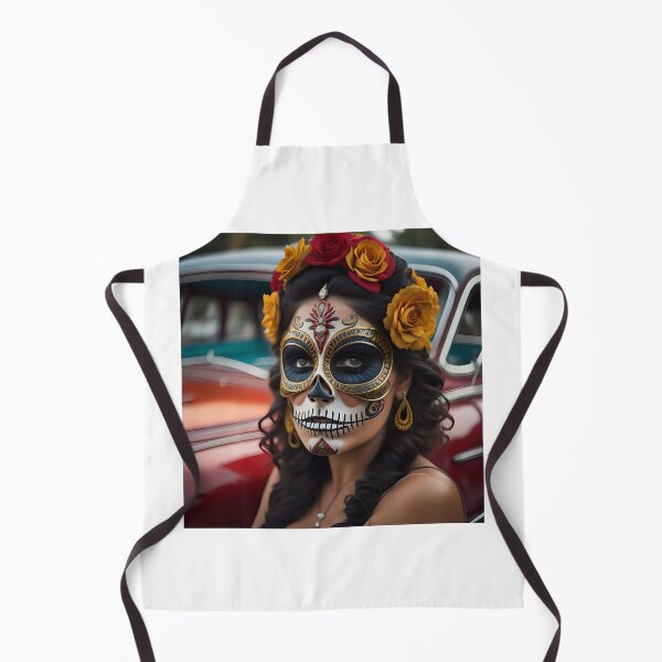 Item preview, Pinup girl with III dark day of the dead make up next to the car designed and sold by aipinups.