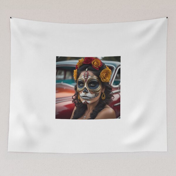 Item preview, Pinup girl with III dark day of the dead make up next to the car designed and sold by aipinups.