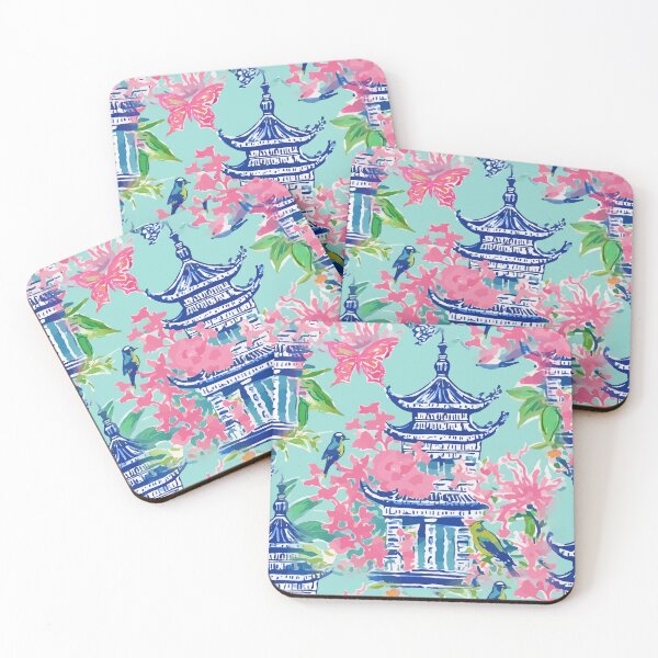 Item preview, Preppy bubble gum pink and turquoise chinoiserie garden designed and sold by SophieClimaArt.