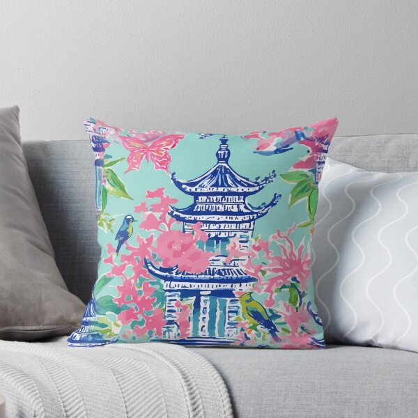 Item preview, Preppy bubble gum pink and turquoise chinoiserie garden designed and sold by SophieClimaArt.