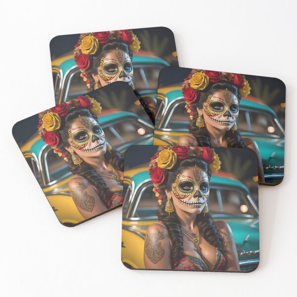 Item preview, Pinup girl IV with dark day of the dead make up next to the car designed and sold by aipinups.