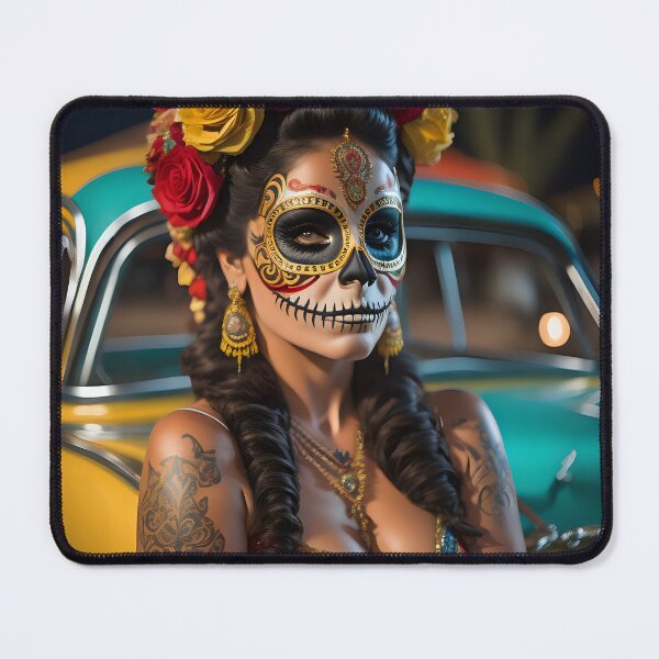 Item preview, Pinup girl IV with dark day of the dead make up next to the car designed and sold by aipinups.