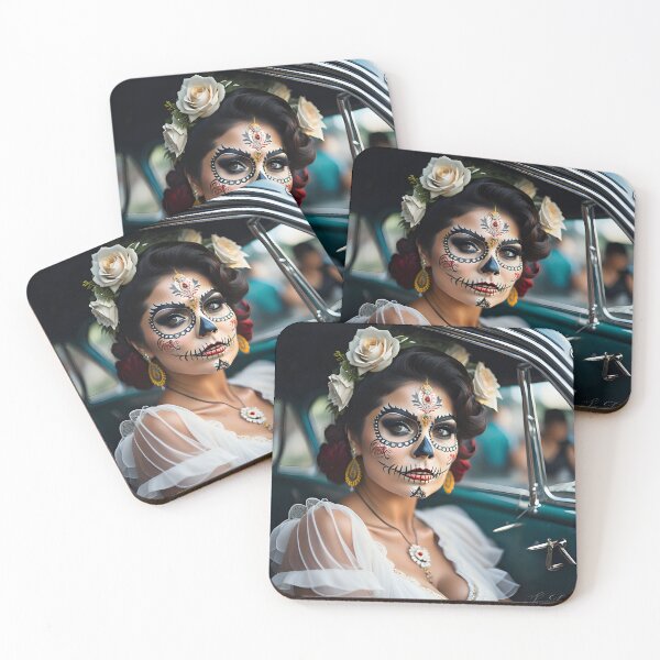 Item preview, Pinup girl I with bright day of the dead make up in the car designed and sold by aipinups.