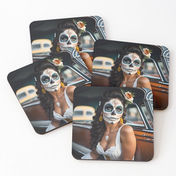 Item preview, Pinup girl II with bright day of the dead make up in the car designed and sold by aipinups.