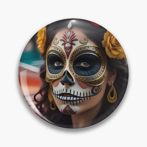 Item preview, Pinup girl with III dark day of the dead make up next to the car designed and sold by aipinups.