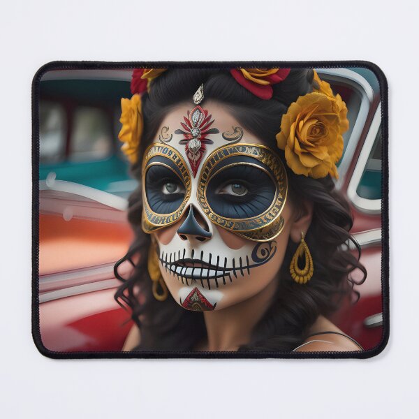 Item preview, Pinup girl with III dark day of the dead make up next to the car designed and sold by aipinups.