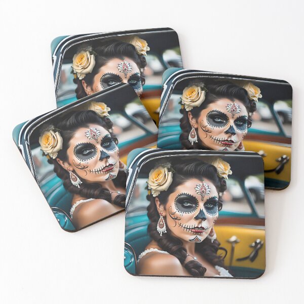 Item preview, Pinup girl III with bright day of the dead make up in the car designed and sold by aipinups.