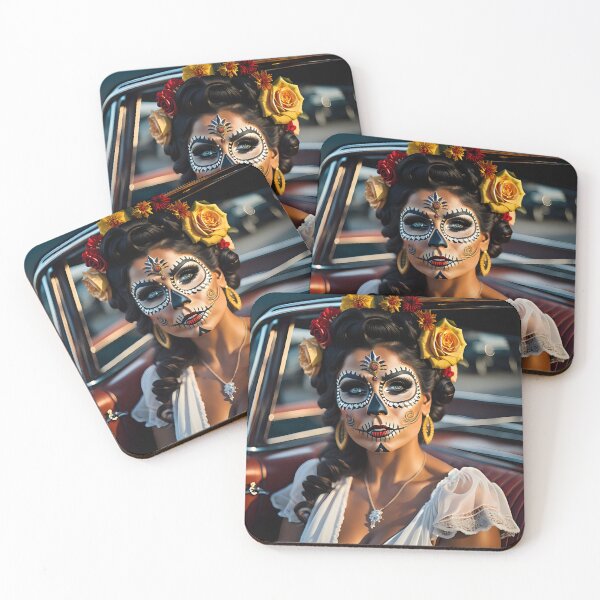 Item preview, Pinup girl IV with bright day of the dead make up in the car designed and sold by aipinups.