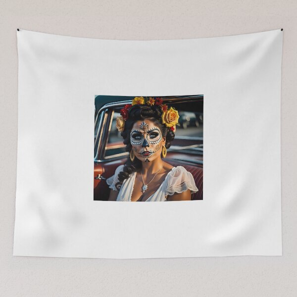 Item preview, Pinup girl IV with bright day of the dead make up in the car designed and sold by aipinups.