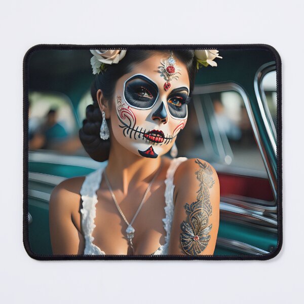 Item preview, Pinup girl V with bright day of the dead make up in the car designed and sold by aipinups.