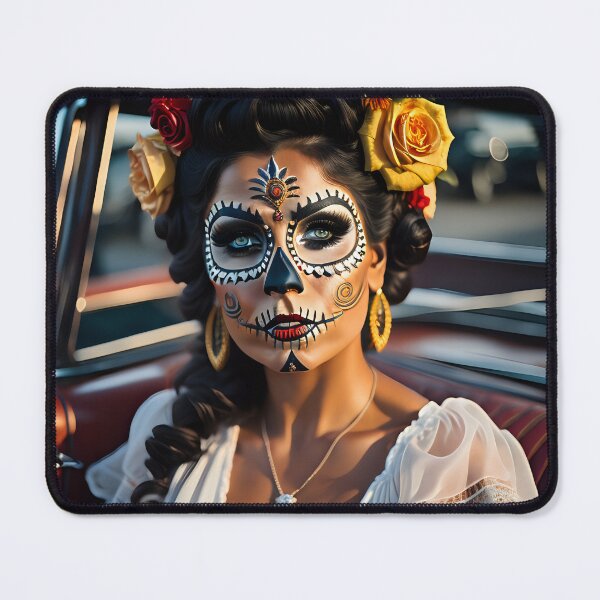 Item preview, Pinup girl IV with bright day of the dead make up in the car designed and sold by aipinups.