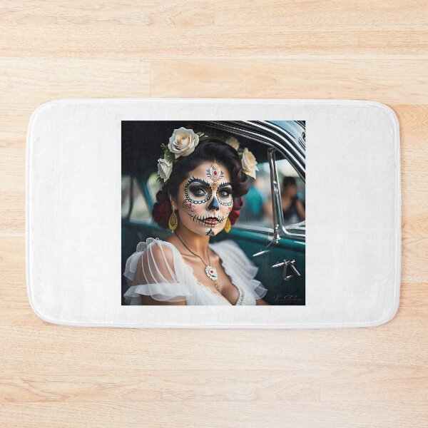 Item preview, Pinup girl I with bright day of the dead make up in the car designed and sold by aipinups.