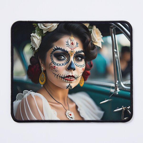 Item preview, Pinup girl I with bright day of the dead make up in the car designed and sold by aipinups.