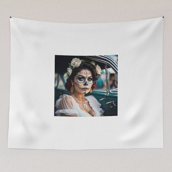 Item preview, Pinup girl I with bright day of the dead make up in the car designed and sold by aipinups.