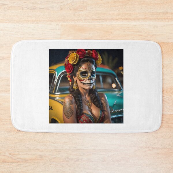 Item preview, Pinup girl IV with dark day of the dead make up next to the car designed and sold by aipinups.