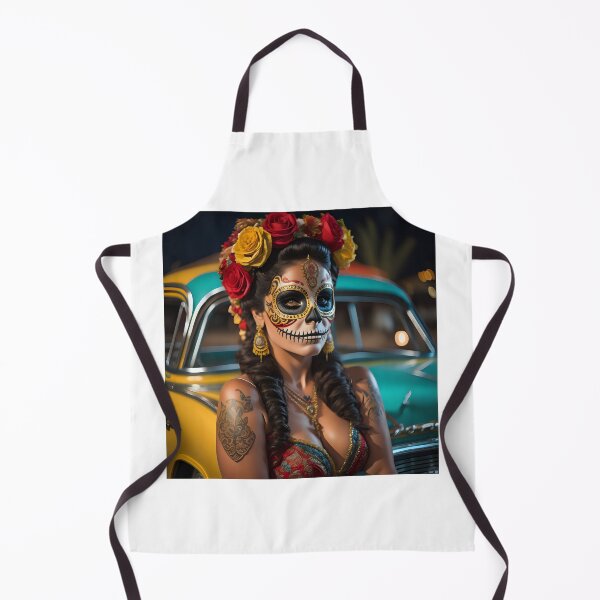 Item preview, Pinup girl IV with dark day of the dead make up next to the car designed and sold by aipinups.