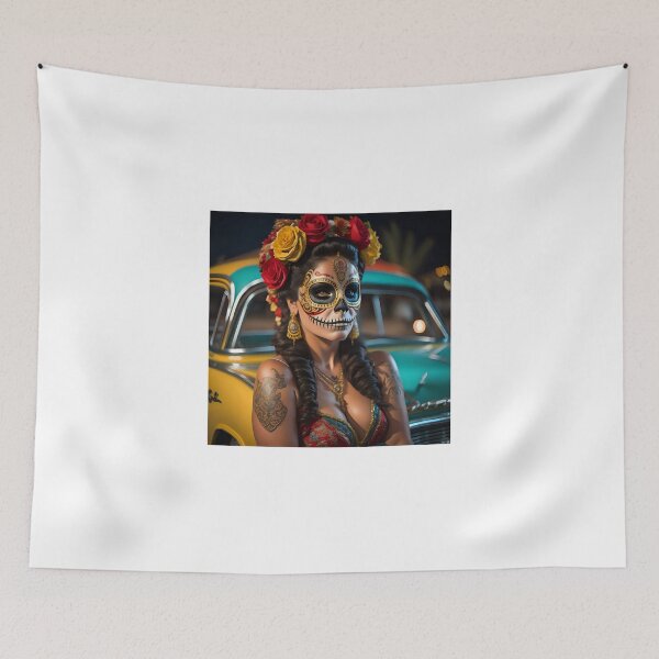 Item preview, Pinup girl IV with dark day of the dead make up next to the car designed and sold by aipinups.