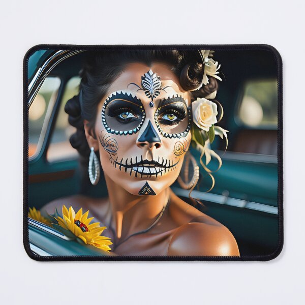 Item preview, Pinup girl I with dark day of the dead make up in the car designed and sold by aipinups.