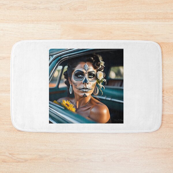 Item preview, Pinup girl I with dark day of the dead make up in the car designed and sold by aipinups.
