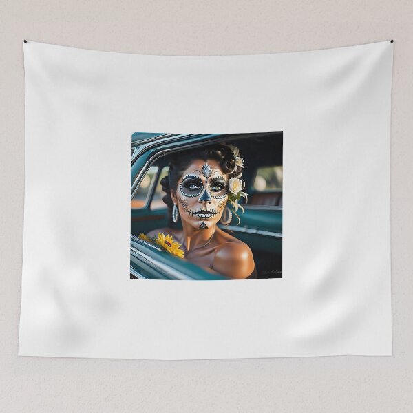 Item preview, Pinup girl I with dark day of the dead make up in the car designed and sold by aipinups.