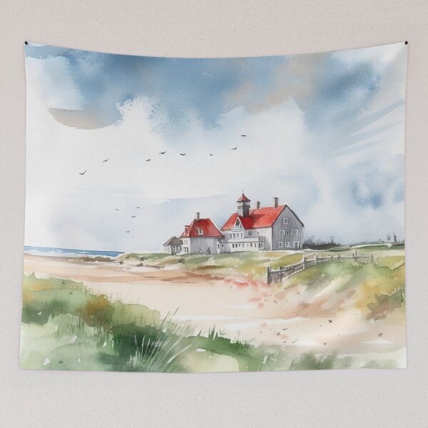 Item preview, Dune house: white domicile with red roof in watercolor designed and sold by KatVik-Design.