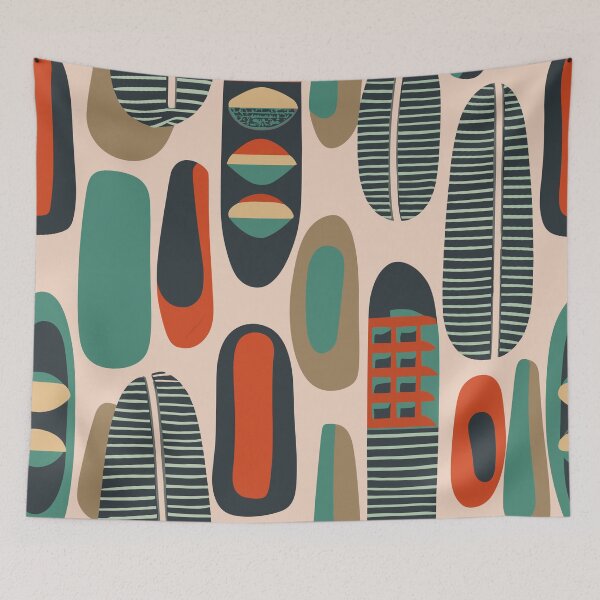 Item preview, Mid Century Modern Teal & Orange Folk Abstract designed and sold by MidModMaison.