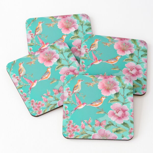 Item preview, Pink and turquoise chinoiserie flowers and birds designed and sold by SophieClimaArt.