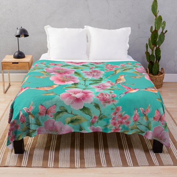 Item preview, Pink and turquoise chinoiserie flowers and birds designed and sold by SophieClimaArt.