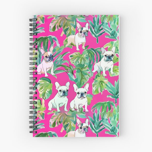 Item preview, Preppy French bulldogs and palm leaves on hot pink designed and sold by SophieClimaArt.