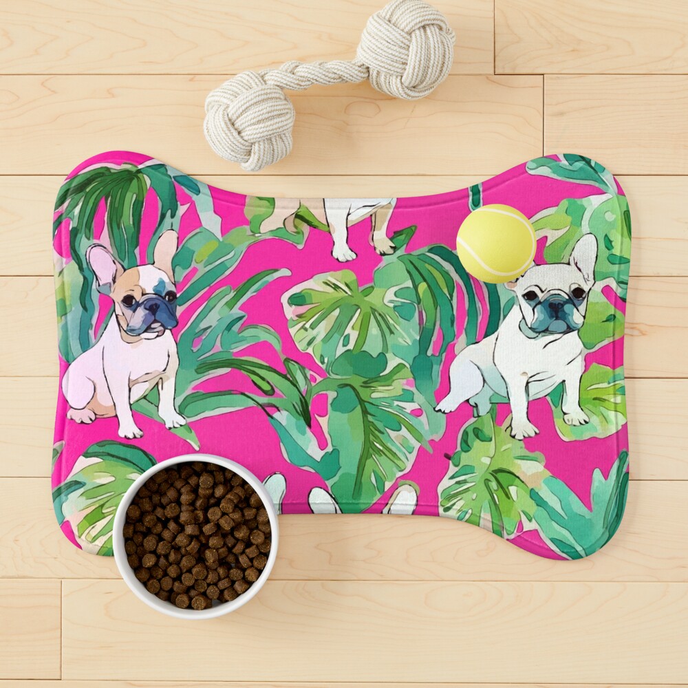 Preppy French bulldogs and palm leaves on hot pink Sticker for Sale by  SophieClimaArt