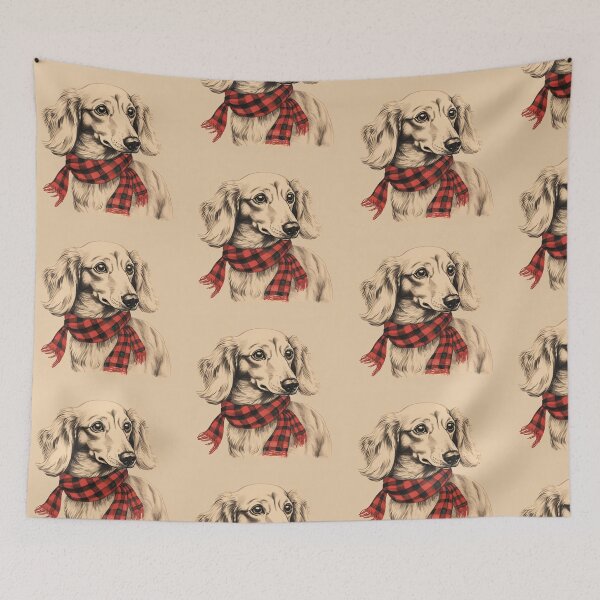 Aperçu de l'œuvre Cream Dachshund Christmas Plaid Watercolor créée et vendue par rafaeltto.