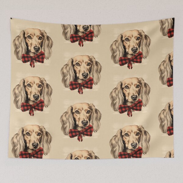 Aperçu de l'œuvre Cream Dachshund Christmas Plaid Watercolor créée et vendue par rafaeltto.