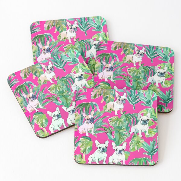 Item preview, Preppy French bulldogs and palm leaves on hot pink designed and sold by SophieClimaArt.