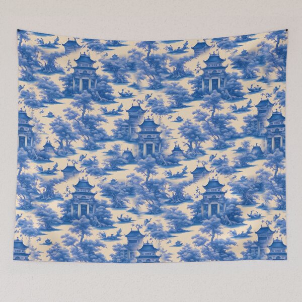Item preview, Traditional style blue and white chinoiserie toile designed and sold by SophieClimaArt.