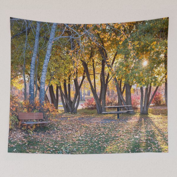 Item preview, Picnic Table in the Autumn Woods at Sunset designed and sold by Amy Mitchell.