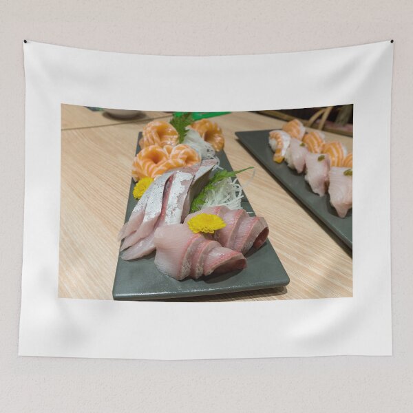 Item preview, Fresh raw fish Japanese sushi sashimi plate with fatty tuna salmon yellowtail on ceramic plate closeup macro designed and sold by jpldesigns.