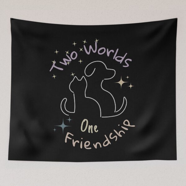Item preview, Two worlds, one friendship, white silhouettes of a dog and a cat against the background of colorful stars as a symbol of friendship between different personalities designed and sold by SplashTastic.