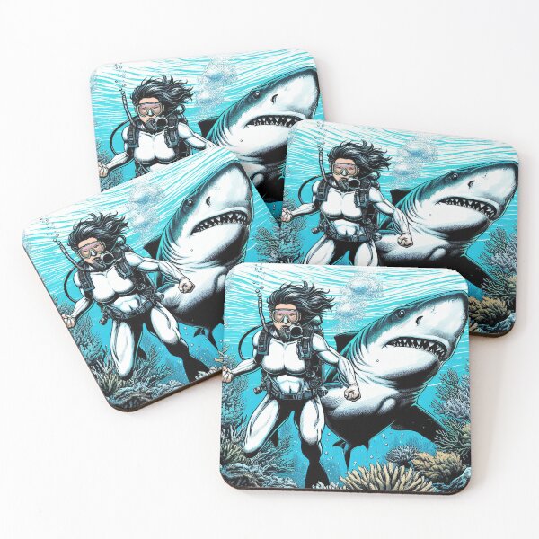 Item preview, Heroic Scuba Diver Woman with Shark designed and sold by andydavistech.