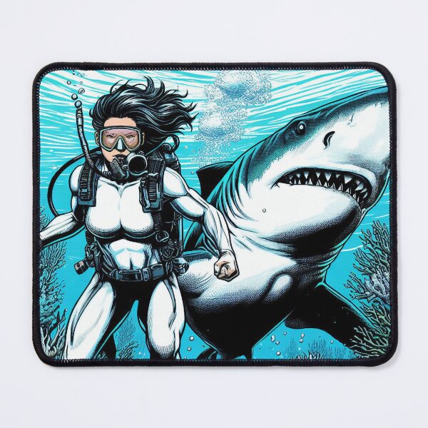 Item preview, Heroic Scuba Diver Woman with Shark designed and sold by andydavistech.
