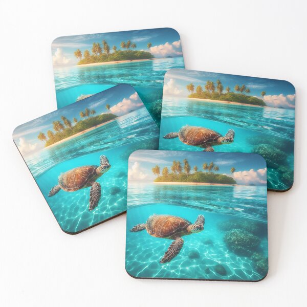Item preview, Aquatic turtle in azure waters, with an island in the background designed and sold by ART-POD-PL.