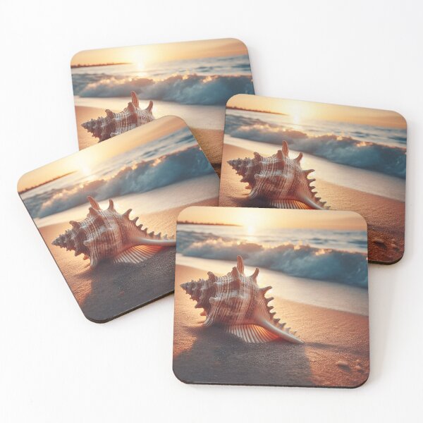 Item preview, Sea snail shell lying on the beach at sunset, majestic view of blue sea waves. designed and sold by ART-POD-PL.