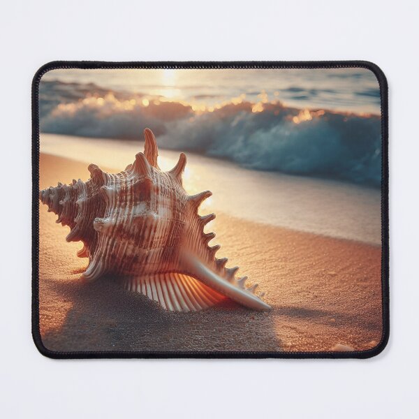 Item preview, Sea snail shell lying on the beach at sunset, majestic view of blue sea waves. designed and sold by ART-POD-PL.